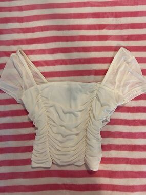White Ruched Mesh Short Sleeve Women's Top
